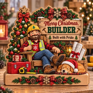 Personalized Christmas Builder Wooden Block, Custom Construction Worker Decor, Carpenter Gift, Builder Christmas Gift, Holiday Keepsake