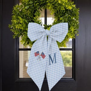 Personalized Patriotic Wreath Sash Embroidered Monogram Bow Custom Initial 4th of July Door Decor Americana Gingham Wreath Bow