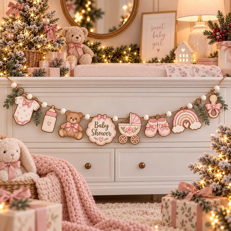 Baby Shower Garland, Pink Baby Decor, Newborn Welcome Banner, Wooden ...