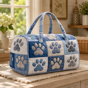 Op de afbeelding: Een gewatteerde reistas met een patchworkontwerp van blauwe en witte vierkanten, elk versierd met een gestikt pootafdrukpatroon. De tas heeft twee bijpassende stoffen handvatten en een rechthoekige vorm met afgeronde randen en zichtbare stiksels.