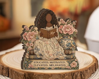 Educated Motivated Elevated Melanated Wooden Block, Black Girl Reading Decor, Personalized Name Sign, Afrocentric Home Office Gift