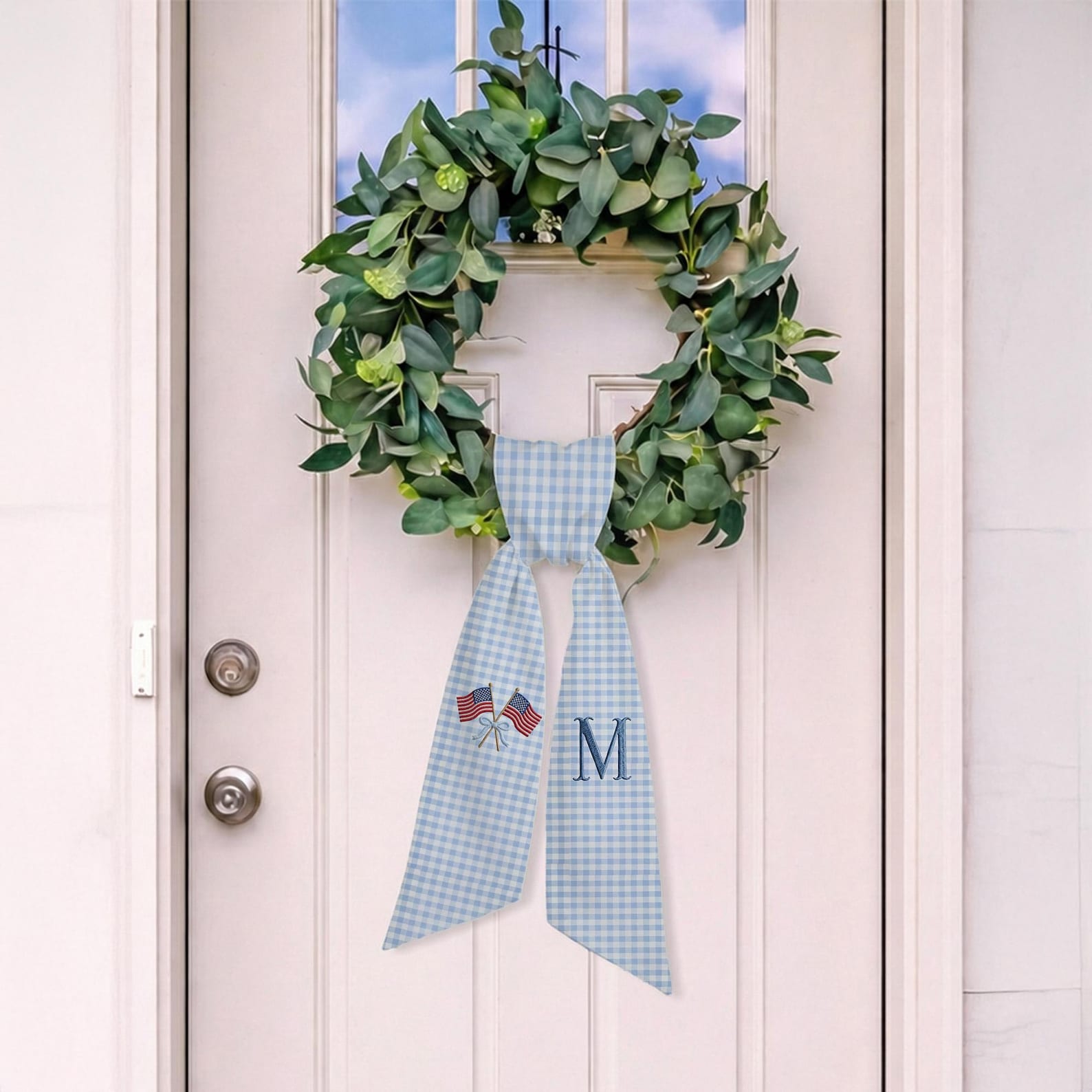 Personalized Patriotic Wreath Sash Embroidered Monogram Bow Custom Initial 4th of July Door Decor Americana Gingham Wreath Bow