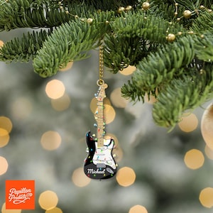 Personalized Guitar Ornament for Music Lover – Custom Name Black Electric Guitar Christmas Tree Decoration Gift for Rock Fans
