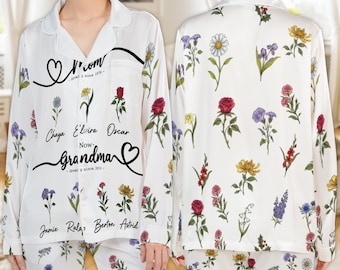 Personalized Grandma Satin Pajama Set Floral Family Names Custom Gift Soft Silk Sleepwear Women’s PJs Birthday Mother’s Day Gift