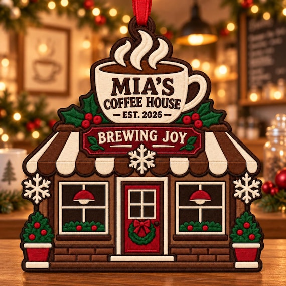 A custom embroidered storefront ornament of your actual café — genuinely personalized textile craft that makes a tearjerker gift for a small biz owner.