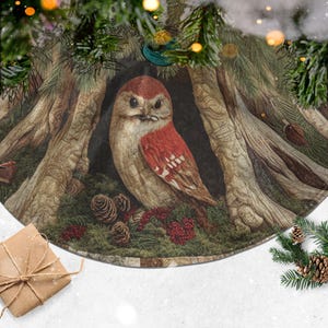 Woodland Owl Christmas Tree Skirt, Rustic Forest Holiday Decor, Winter Nature Tree Skirt, Bird Christmas Decoration, Cabin Xmas Skirt