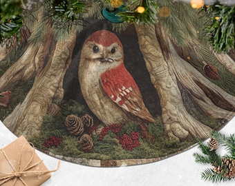 Woodland Owl Christmas Tree Skirt, Rustic Forest Holiday Decor, Winter Nature Tree Skirt, Bird Christmas Decoration, Cabin Xmas Skirt