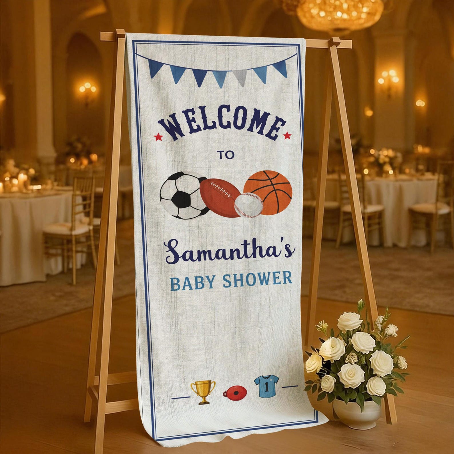 Personalized Sports Baby Shower Welcome Sign Tapestry Custom Name Banner Boy Baby Shower Decor Football Soccer Basketball Theme