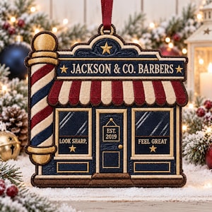 Personlig barbershopsprydnad, anpassad företagsjulgåva, broderad butikspresent, öppningspresent till barberaren