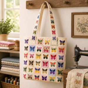 May include: A quilted tote bag featuring a patchwork design of various colorful butterfly motifs on a cream background. The bag has two long shoulder straps, each decorated with a repeating pattern of small butterflies, and a rectangular body.
