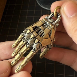 Steampunk Mechanical Hand Pendant-Right, Brass & White Bronze, Articulated Kinetic Jewelry, Gift for Gamers, Makers