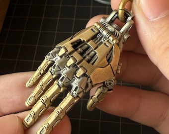 Steampunk mechanische hand hanger-rechts, messing en wit brons, gelede kinetische sieraden, cadeau voor gamers, makers