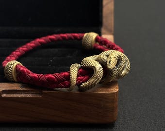 Brass Black Mamba Rope Bracelet, Serpent Power Talisman, Gift for Him