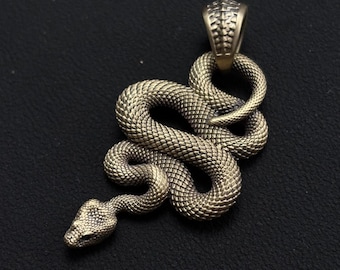Brass Serpent Pendant with Black Zircon Eyes, Snake Necklace, Gift for Snake Lover
