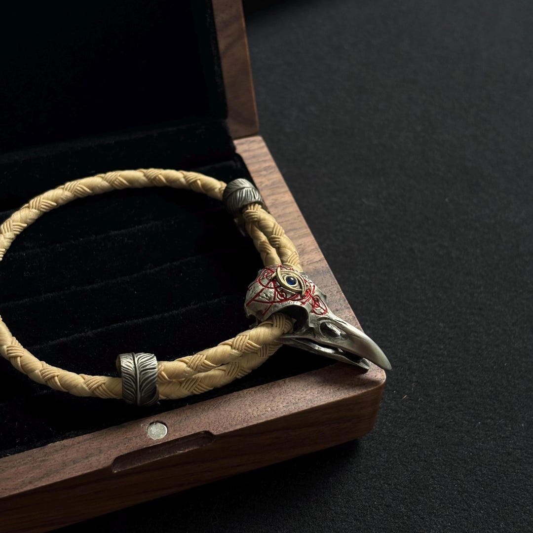 Raven Skull Totem Rope Bracelet, Cinnabar Inlay, Handmade Gothic ...