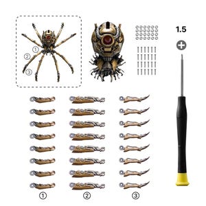 May include: A disassembled, metallic insect-like sculpture kit. The kit includes a spider-like body, a head, multiple small parts, screws, and a screwdriver. The parts are gold and silver, with a red eye on the head. The screwdriver is black and yellow.