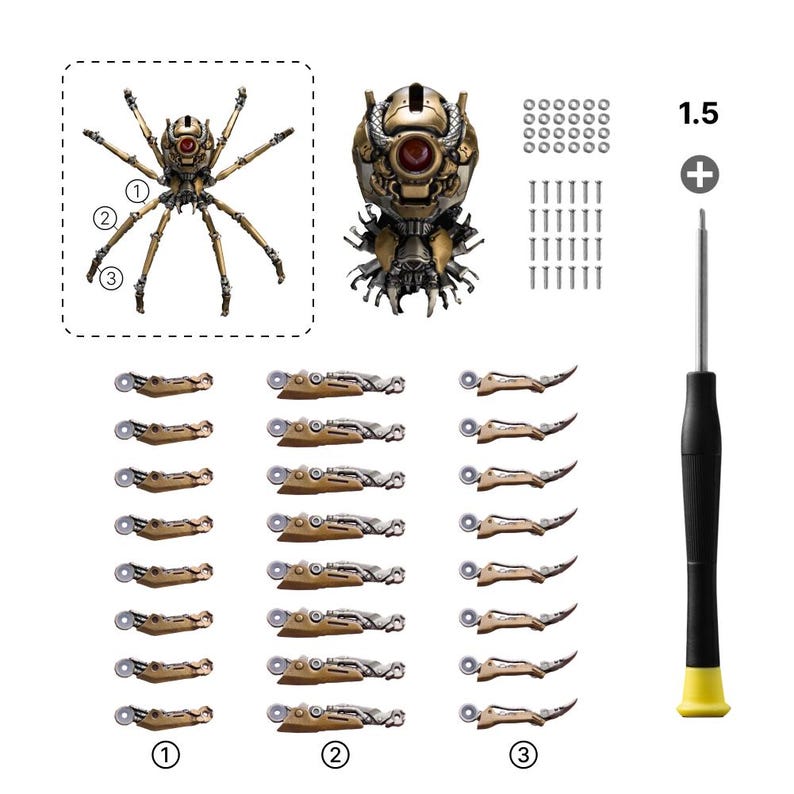 May include: A disassembled, metallic insect-like sculpture kit. The kit includes a spider-like body, a head, multiple small parts, screws, and a screwdriver. The parts are gold and silver, with a red eye on the head. The screwdriver is black and yellow.