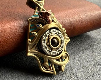 Eye of Horus Spinner Pendant, Brass Talisman with Gemstone, Protection Gift for Spiritual Seekers
