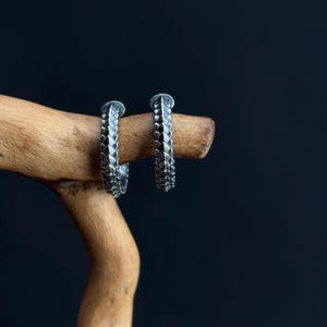 Op de afbeelding: Een paar zilveren oorringen met een textuur, schubachtig patroon. De oorbellen worden getoond op een houten tak tegen een donkere achtergrond, wat hun ingewikkelde ontwerp en metallic glans benadrukt. Een stijlvol accessoire.