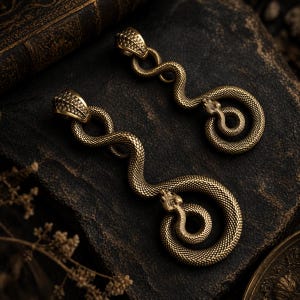 May include: Two gold-toned metal snake pendants featuring a detailed, textured scale pattern. Each pendant is shaped into an S-curve that terminates in a coiled tail, with a triangular head at the top and a loop for attachment at the very end.