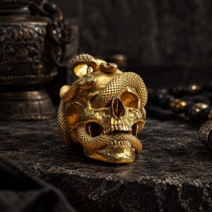 May include: A gold-coloured skull pendant featuring a textured snake coiled around the cranium and jaw. The metallic surface displays intricate scales on the serpent and realistic bone contours on the skull, with a loop at the top for hanging.