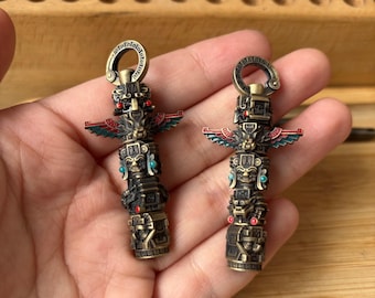 Mayan Totem Pendant, Handmade Brass Enamel Amulet, Spiritual Protection Talisman, Gift for Him Her