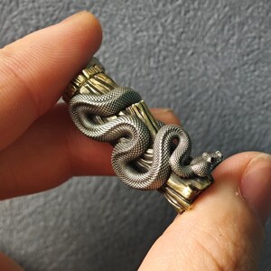 May include: A silver-coloured ring with a detailed coiled snake design wrapped around a gold-coloured textured branch. The snake's scales are finely detailed. The ring is held between fingers against a neutral background.