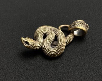 Brass Hognose Snake Pendant, Black Zircon Eyes, Realistic Reptile Necklace, Gift for Snake Lovers