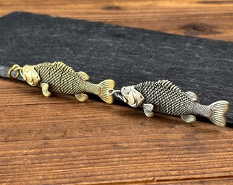 Bass Fidget Pendant, Movable Fish Keychain Charm, Handmade Kinetic Brass/White Bronze Jewelry Gift