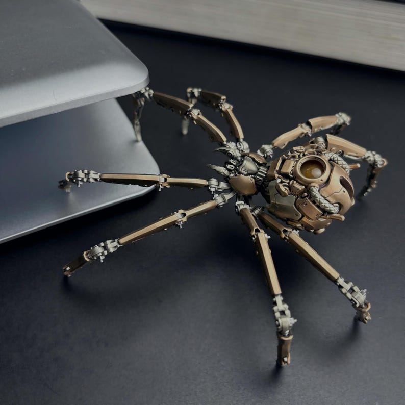 Steampunk Mechanical Widow Spider Figurine, Bronze & White Copper Articulated Decor, Gift for Gamers image 4