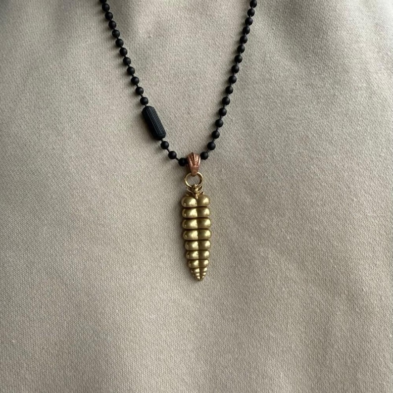May include: A necklace featuring a matte black beaded chain with a cylindrical black bead accent and a metallic gold-toned pendant shaped like a segmented rattlesnake tail. The pendant is attached to the chain by a small copper-colored jump ring.