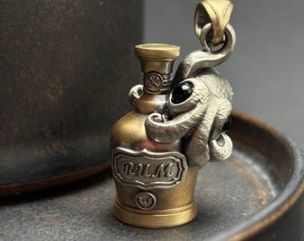Brass Octopus Rum Bottle Pendant, Agate Eyes, Keepsake Capsule, St. Patrick’s Day Gift