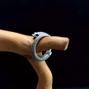 Puede incluir: Una pulsera de serpiente plateada con un diseño detallado y texturizado. La cabeza de la serpiente tiene un ojo negro, y la pulsera está sobre una rama de madera sobre un fondo negro. La pulsera tiene la palabra "PTIST" grabada.