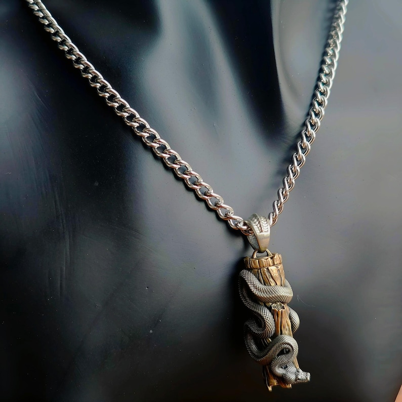 May include: Silver chain necklace with a pendant depicting a snake wrapped around a wooden post. The pendant has an antique finish, and the chain has a curb link design. The background is black.