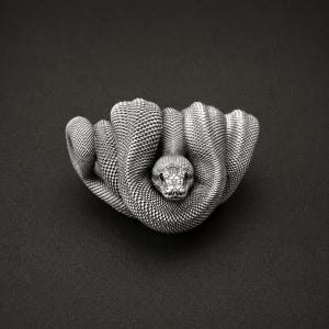 May include: A metallic silver-toned sculpture of a coiled snake with highly detailed, textured scales covering its entire body. The snake is positioned in a tight, circular loop with its head resting centrally, facing forward with dark eyes.