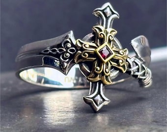 Justicar Blade Wrap Ring, Handmade Medieval Sword, Gothic Silver Brass, Gift for Fantasy Lovers