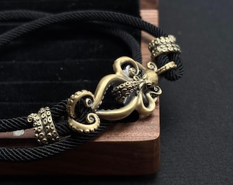 Brass Octopus Rope Bracelet, Adjustable Nautical Talisman, Sea Creature Jewelry, Gift for Marine Lovers