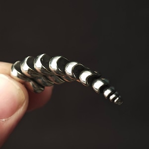 May include: A metallic, silver-toned object with a curved, segmented, and tapered design. The piece features a series of smooth, rounded, and overlapping links that decrease in size from the base to the pointed tip, creating a tail-like form.