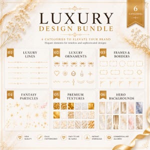 Puede incluir: Un paquete de diseño digital con el texto "LUXURY DESIGN BUNDLE" y las palabras "6 CATEGORIES TO ELEVATE YOUR BRAND". La imagen muestra elementos de diseño como líneas, adornos, marcos, texturas y fondos.