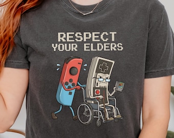 Camiseta "Respeta a tus mayores" con colores cómodos, camiseta vintage con control antiguo, retro, sarcástica, para videojuegos, regalo divertido para abuelos gamers, videojuego desgastado.