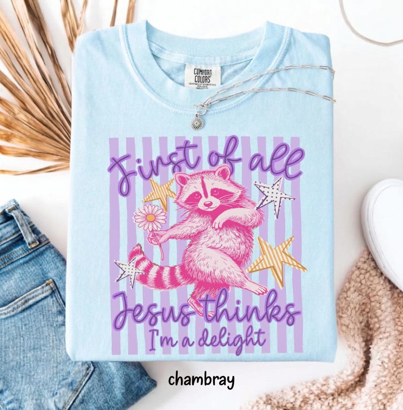 May include: Light blue t-shirt with a graphic of a pink raccoon holding a flower, surrounded by stars. Text reads "First of all Jesus thinks I'm a delight" on a striped background. The word "chambray" is at the bottom.