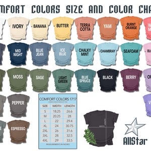 May include: A color chart for Comfort Colors 1717 t-shirts, showcasing various colors like white, black, and blue. The chart includes a size guide with measurements in inches, and the AllStar logo.