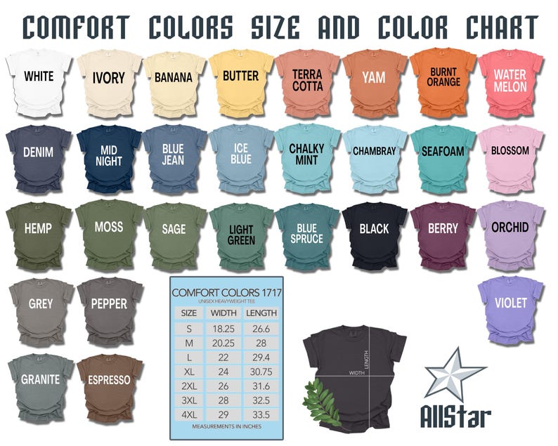 May include: A color chart for Comfort Colors 1717 t-shirts, showcasing various colors like white, black, and blue. The chart includes a size guide with measurements in inches, and the AllStar logo.
