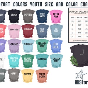 May include: A Comfort Colors youth size and color chart featuring twenty-five t-shirt color options labeled Denim, Black, Pepper, True Navy, Neon Pink, Watermelon, Blossom, Crimson, Blue Jean, Ice Blue, Violet, Orchid, Chambray, Island Reef, Flo Blue, White, Lagoon Blue, Island Green, Seafoam, Chalky Mint, Granite, Grey, Butter, and Terra Cotta, with a size measurement table in inches and a sample t-shirt graphic.