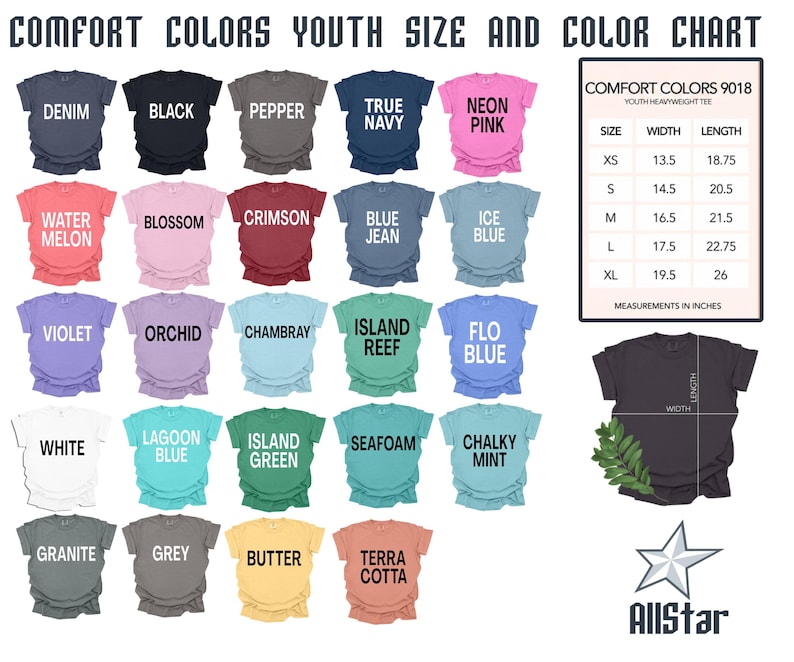 May include: A Comfort Colors youth size and color chart featuring twenty-five t-shirt color options labeled Denim, Black, Pepper, True Navy, Neon Pink, Watermelon, Blossom, Crimson, Blue Jean, Ice Blue, Violet, Orchid, Chambray, Island Reef, Flo Blue, White, Lagoon Blue, Island Green, Seafoam, Chalky Mint, Granite, Grey, Butter, and Terra Cotta, with a size measurement table in inches and a sample t-shirt graphic.