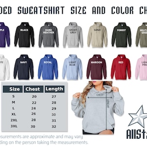 Puede incluir: Una tabla de colores para sudaderas con capucha, con colores como morado, negro y rojo. La tabla incluye una gu&iacute;a de tallas con medidas de pecho y largo en cm, y un modelo que muestra c&oacute;mo medir.