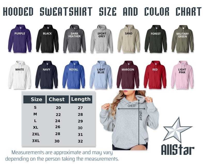 Puede incluir: Una tabla de colores para sudaderas con capucha, con colores como morado, negro y rojo. La tabla incluye una gu&iacute;a de tallas con medidas de pecho y largo en cm, y un modelo que muestra c&oacute;mo medir.