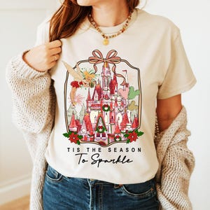Disney Tinkerbell Christmas Shirt; Disney Coquette Tis The Season To Sparkle Shirt, Christmas Magic Castle Mickey Balloon Tee