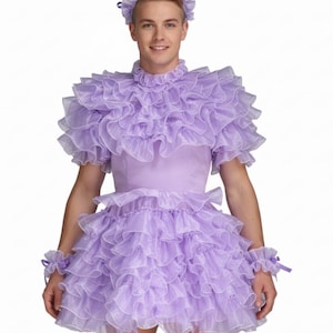 Sissy Lockable Purple Satin Organza Puffy Dress Uniform Cosplay Costume Crossdress