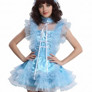 Sissy Girl blau Satin abschließbares Kleid Französisches Dienstmädchen Cosplay Kostüm Maßgeschneidert